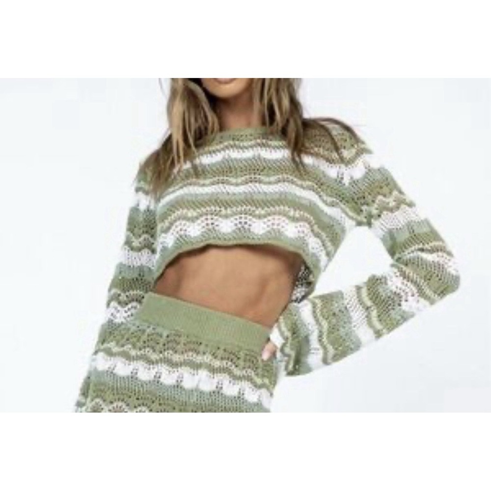 Princess Polly Crop Open Knit Top Crochet Green White Bell Sleeve Fairy 4 NWT